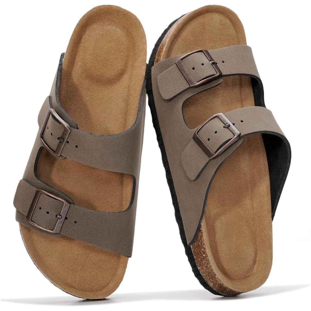 Cork Foot Bed Leather Flat Sandals For Women With Memory Foam And Arch Support