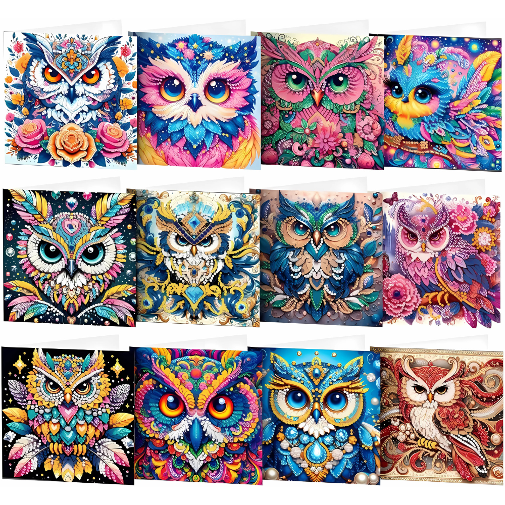 12 Pack Of Decorative Owl Themed Art Panels With Beaded Designs