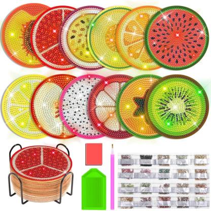 12 Piece Fruit Themed Diamond Art Coaster Set With Holder And Tools