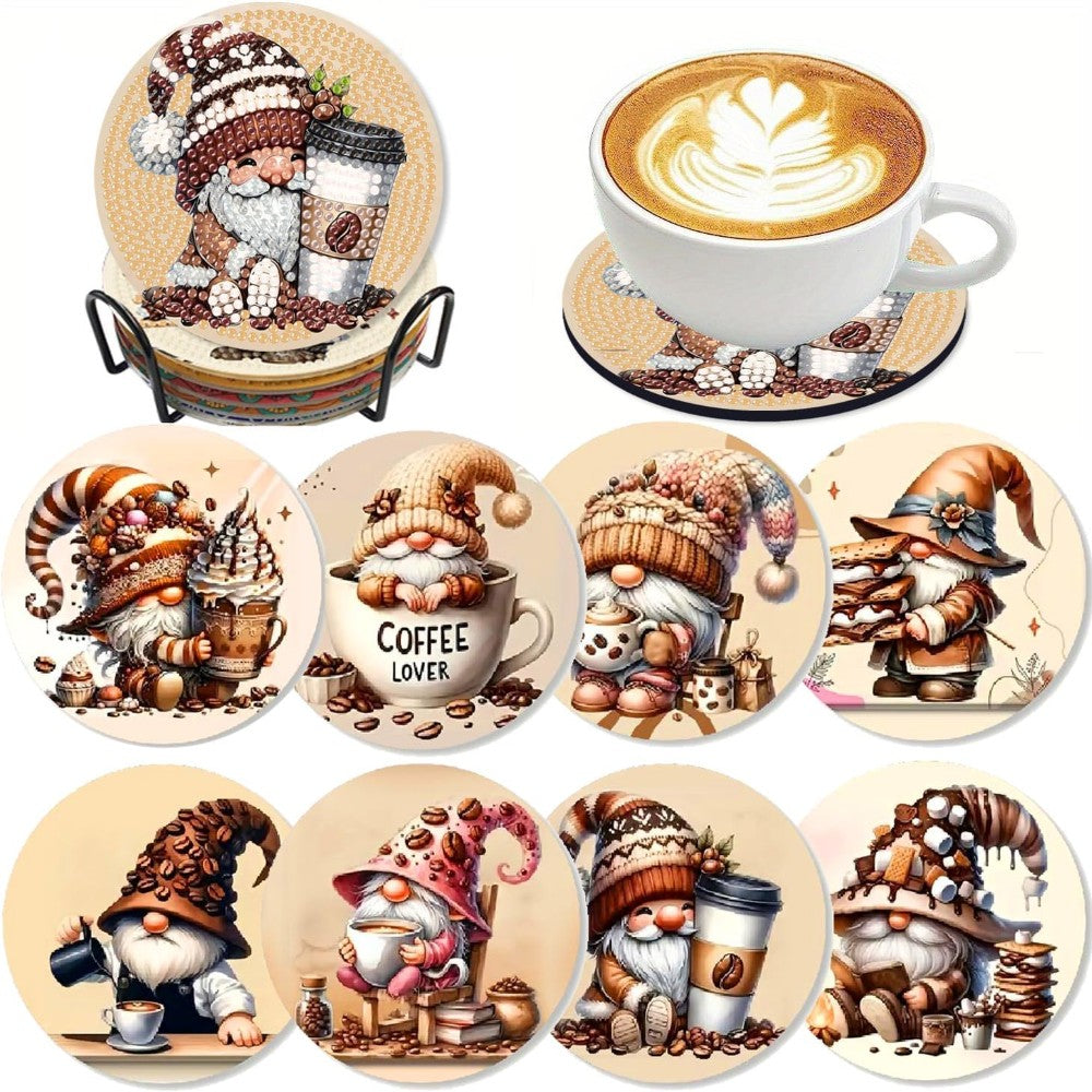 8 Pieces DIY Coffee Gnome Diamond Art Coaster Kit With Holder