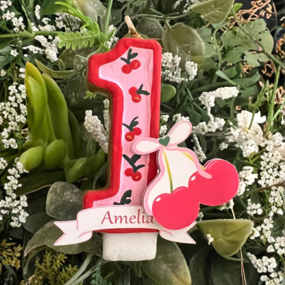 Cherry Bow Number Birthday Candle with Custom Name