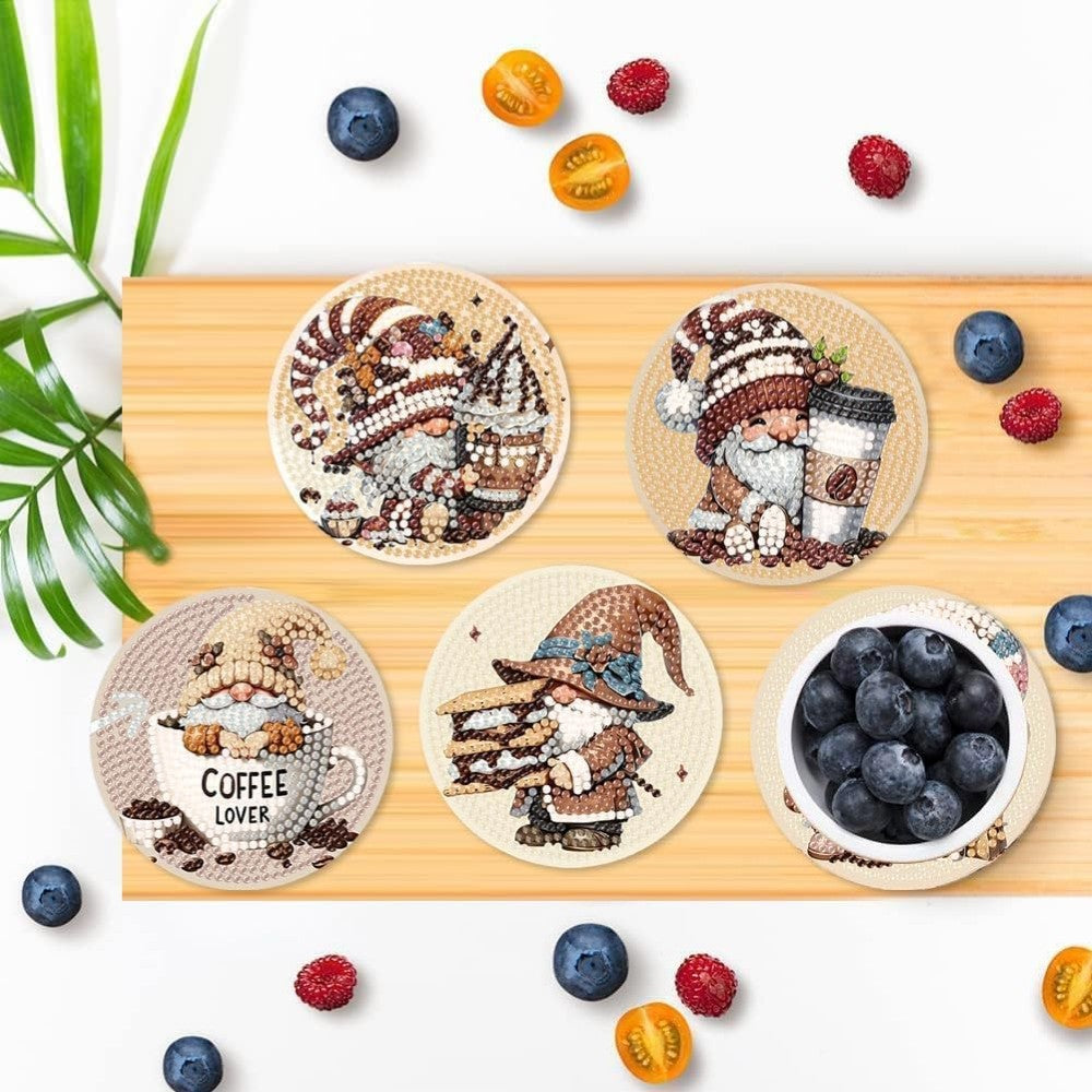 8 Pieces DIY Coffee Gnome Diamond Art Coaster Kit With Holder