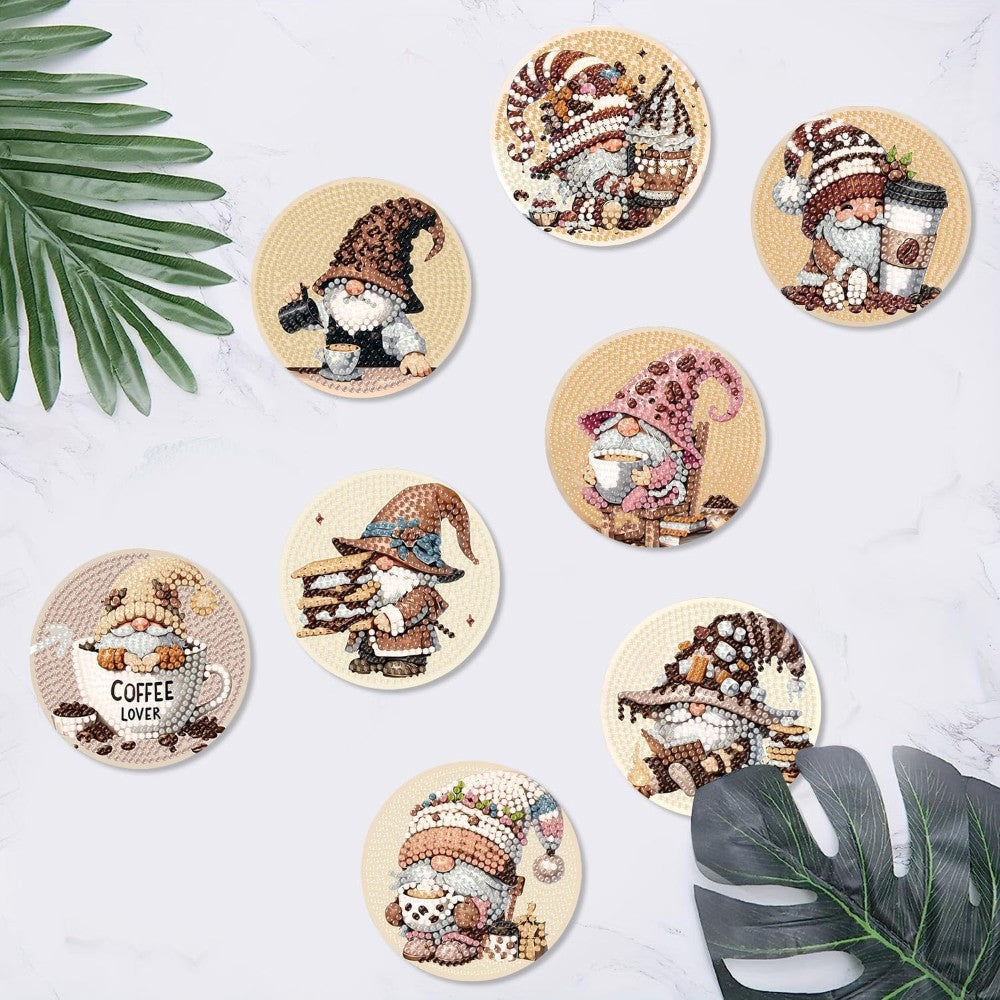 8 Pieces DIY Coffee Gnome Diamond Art Coaster Kit With Holder