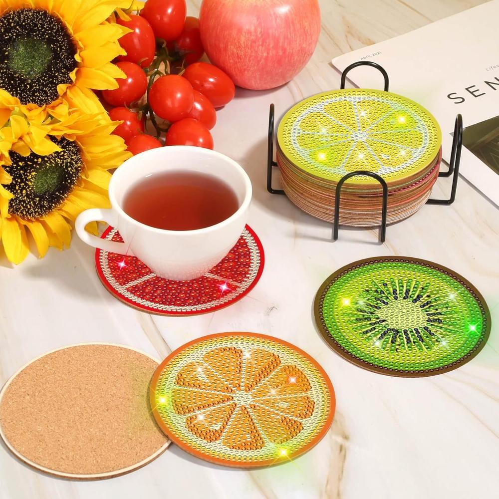 12 Piece Fruit Themed Diamond Art Coaster Set With Holder And Tools