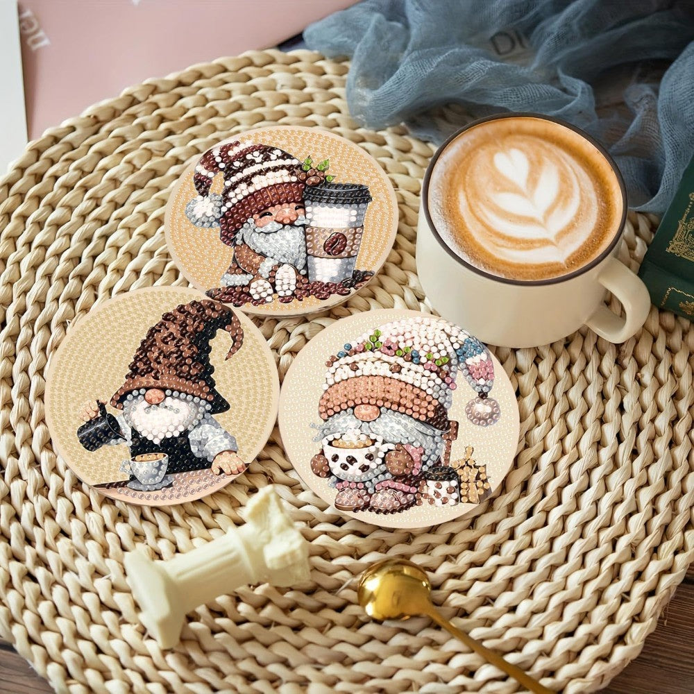 8 Pieces DIY Coffee Gnome Diamond Art Coaster Kit With Holder