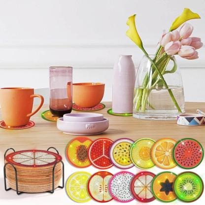 12 Piece Fruit Themed Diamond Art Coaster Set With Holder And Tools