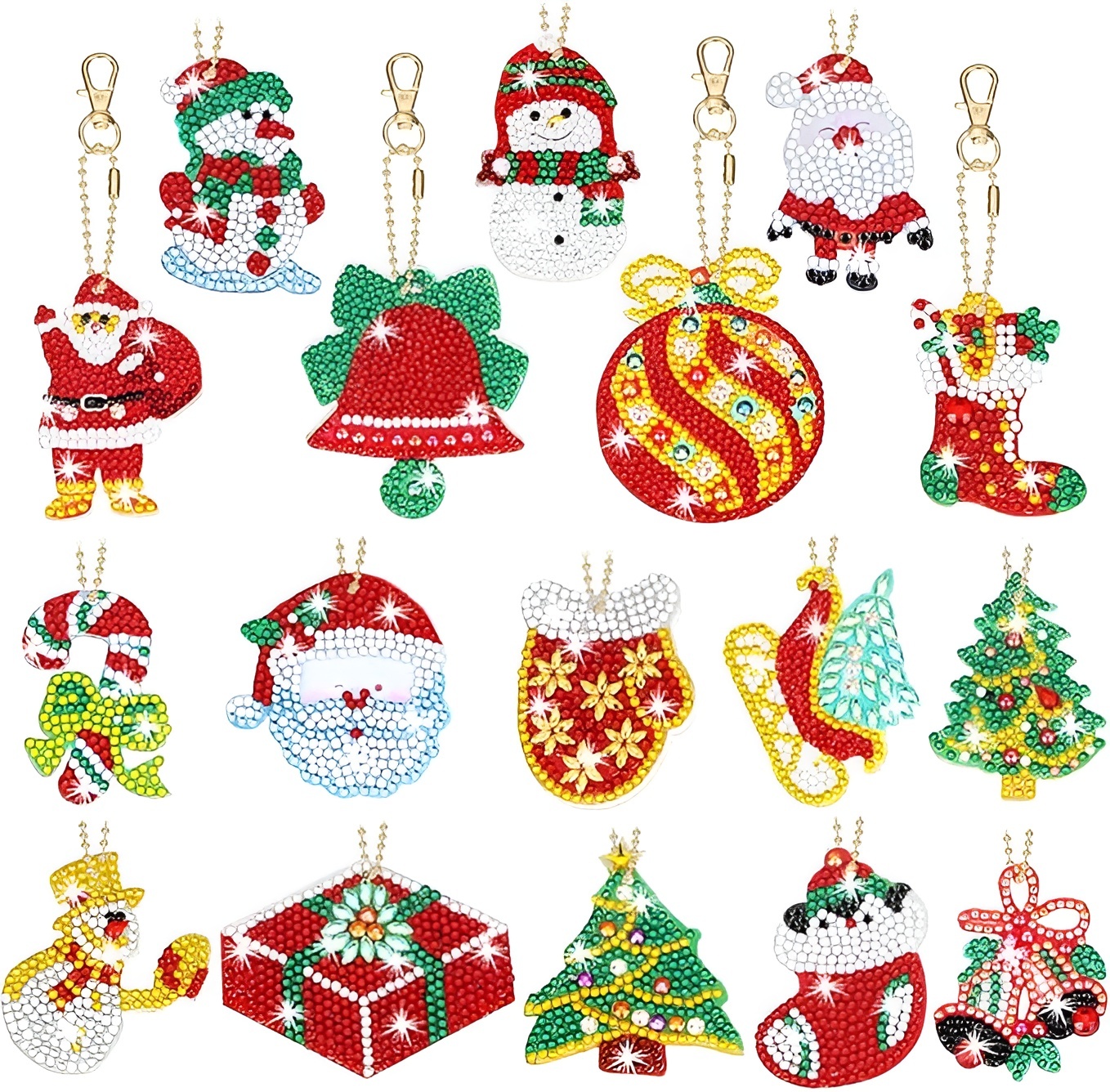 17 Pieces Double Sided Diamond Art Christmas Ornaments Keychains Kit