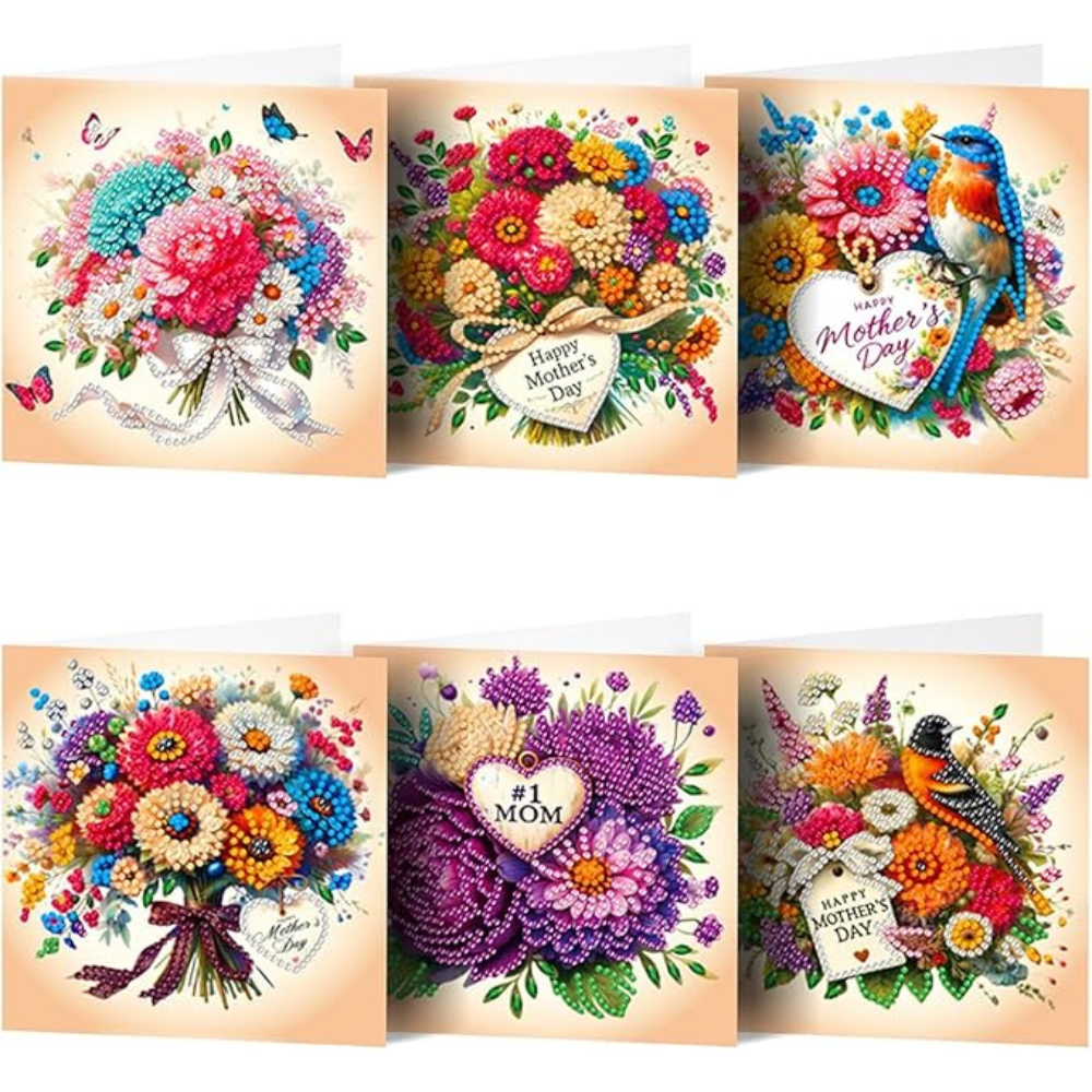 6 Packs Diamond Painting Card Kit With Floral And Bird Patterns