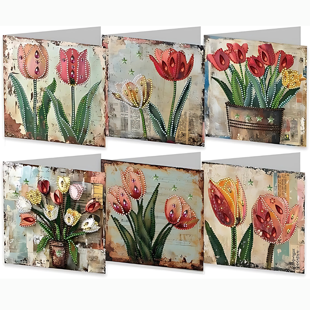 Set of 6 Floral Diamond Art Greeting Cards - Stylish Notes