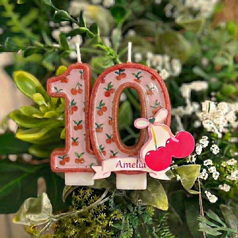 Cherry Bow Number Birthday Candle with Custom Name