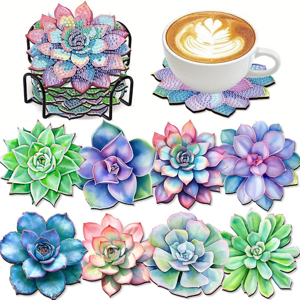 8 Pieces DIY Coffee Gnome Diamond Art Coaster Kit With Holder