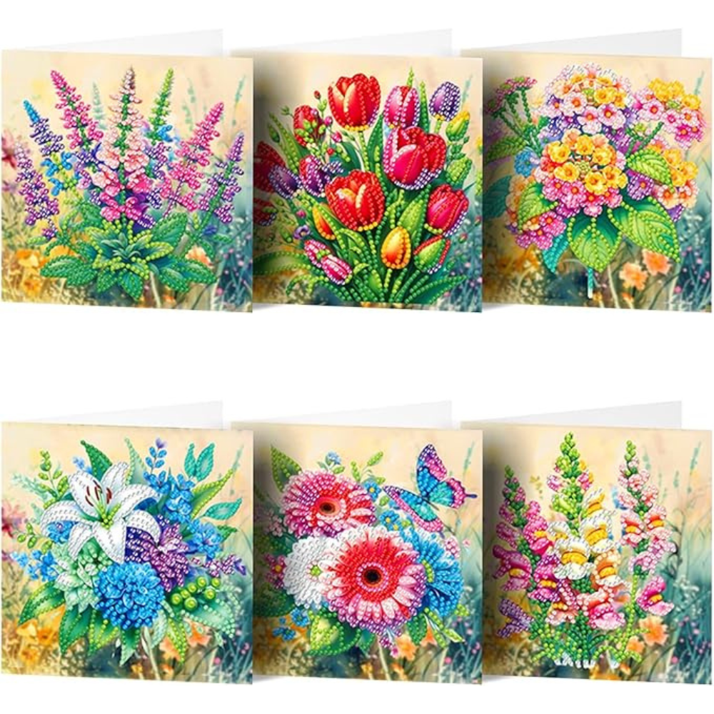 6-Pack Diamond Painting Card Kit – Floral & Bird Designs