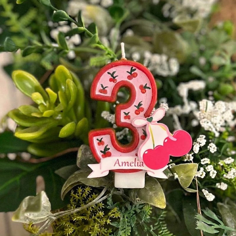 Cherry Bow Number Birthday Candle with Custom Name