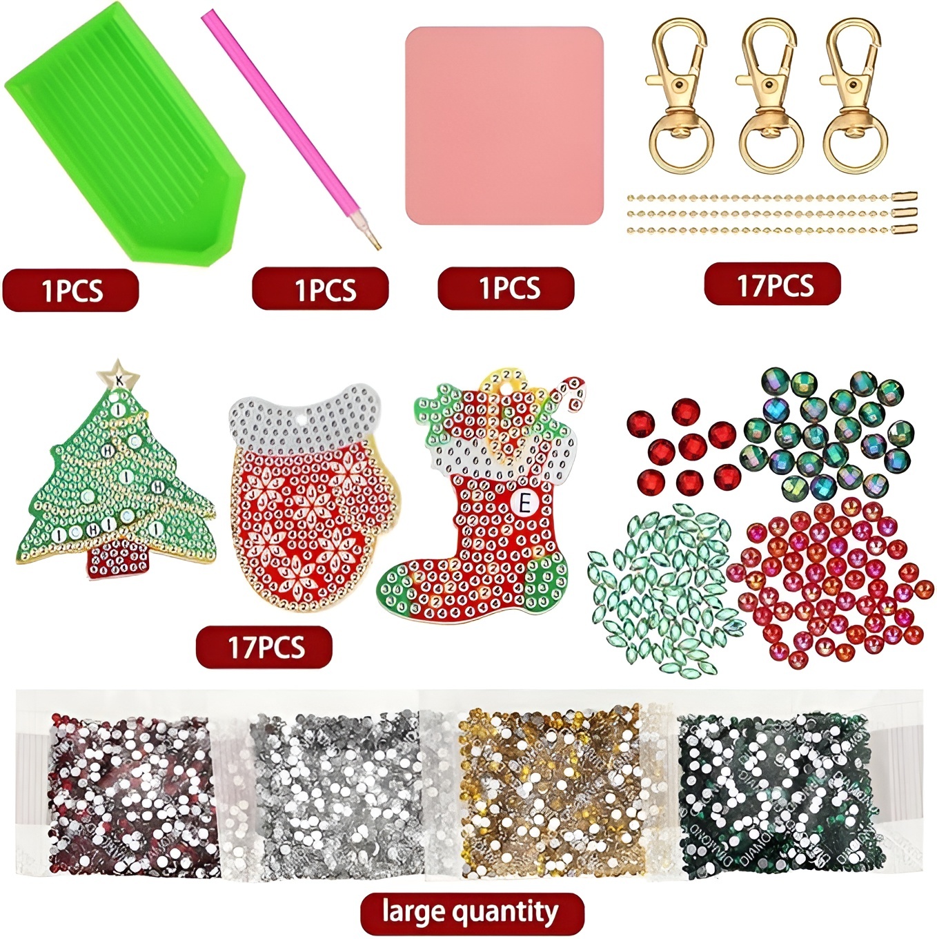 17 Pieces Double Sided Diamond Art Christmas Ornaments Keychains Kit