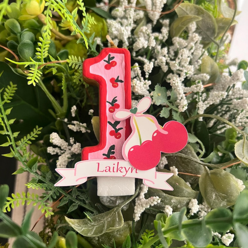 Cherry Bow Number Birthday Candle with Custom Name