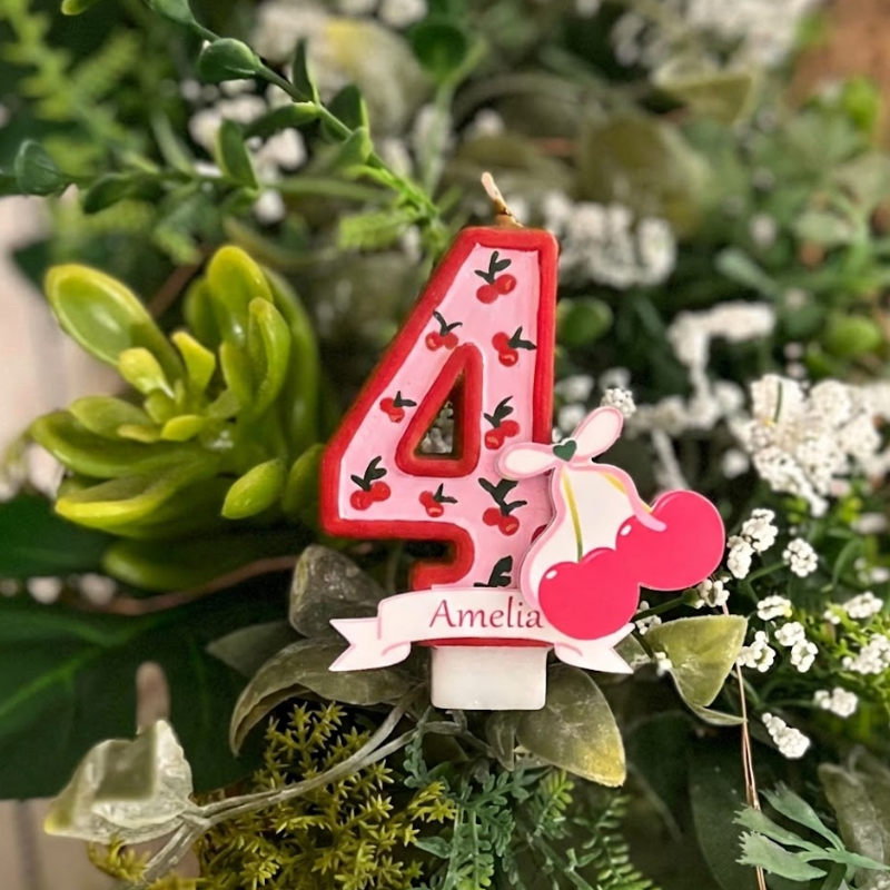 Cherry Bow Number Birthday Candle with Custom Name