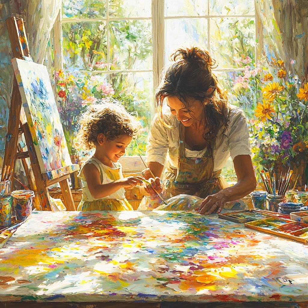Harmony In Art: Mother And Child Painting Together Painting By Diamonds Kit