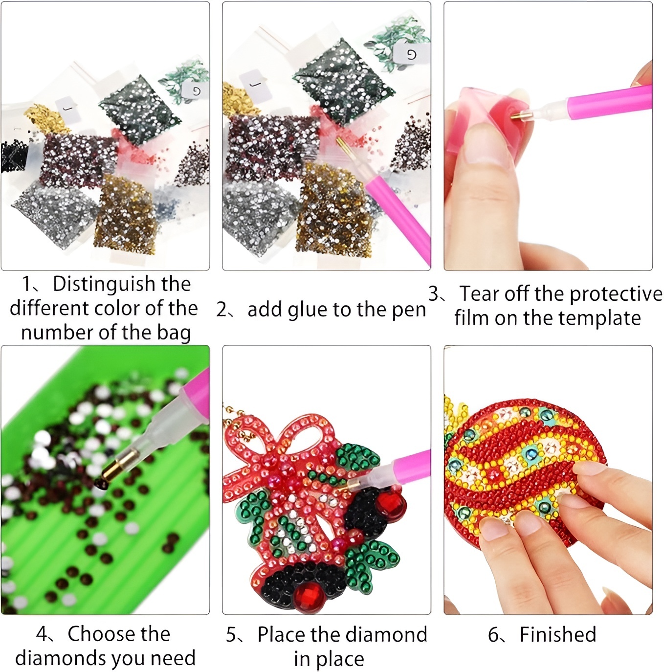 17 Pieces Double Sided Diamond Art Christmas Ornaments Keychains Kit