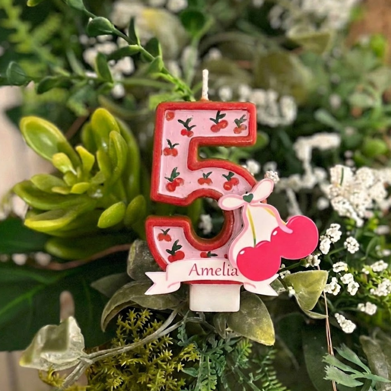 Cherry Bow Number Birthday Candle with Custom Name