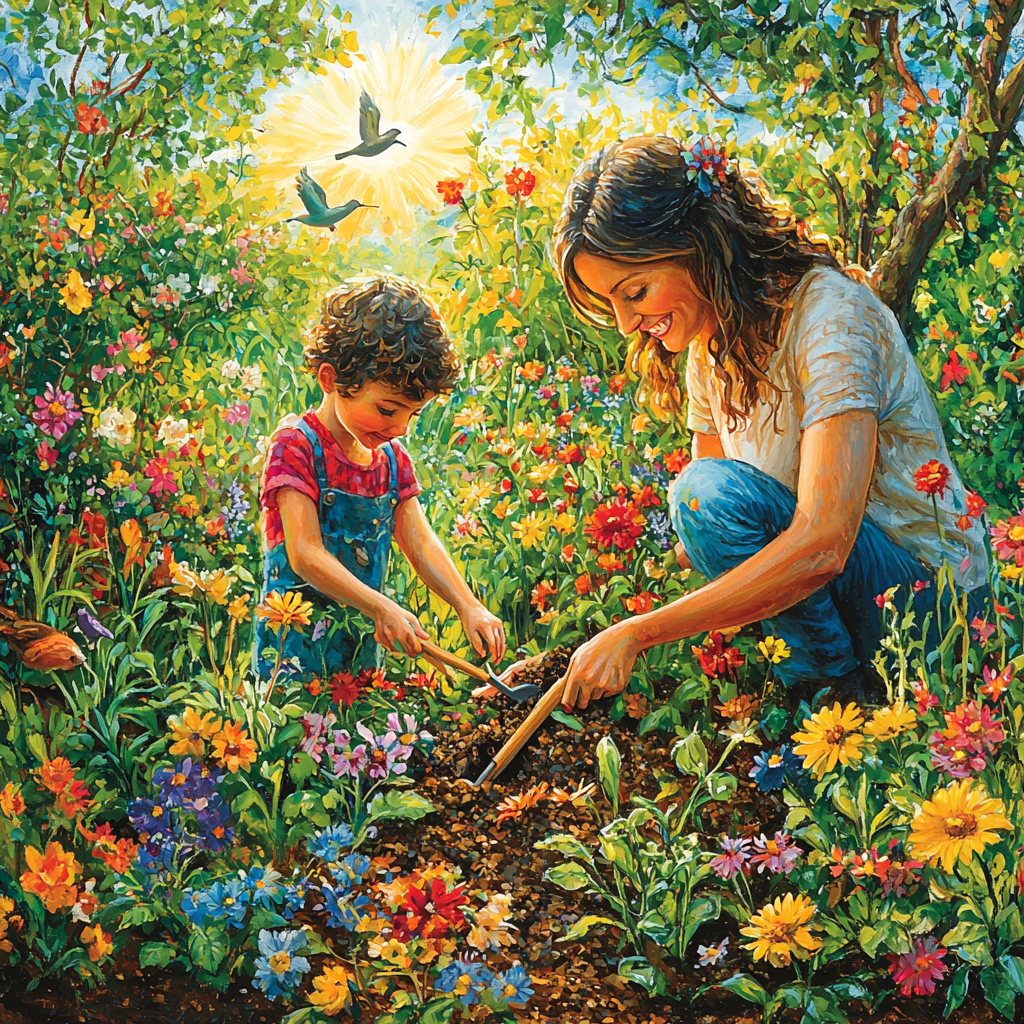 Garden Of Dreams: Planting A Flower Bed Together Painting By Diamonds Kit