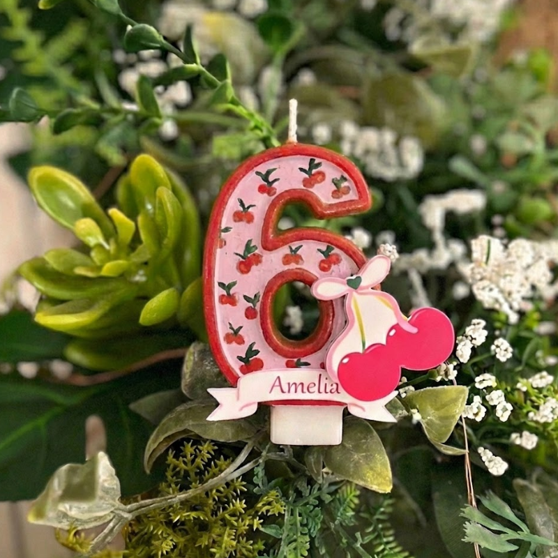 Cherry Bow Number Birthday Candle with Custom Name