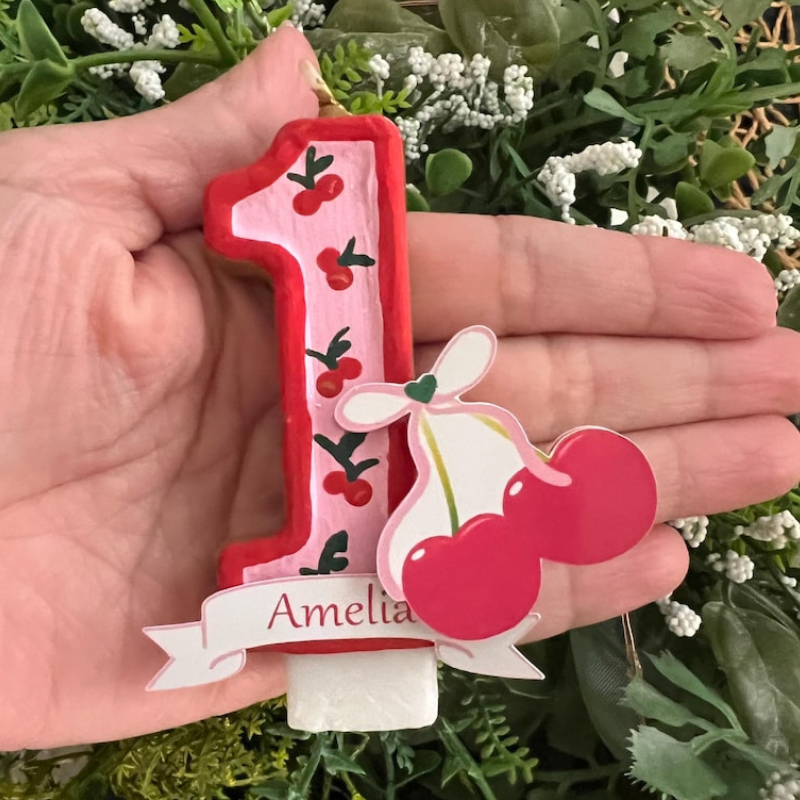Cherry Bow Number Birthday Candle with Custom Name