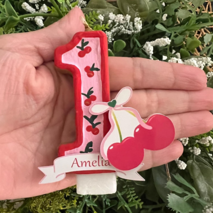 Cherry Bow Number Birthday Candle with Custom Name