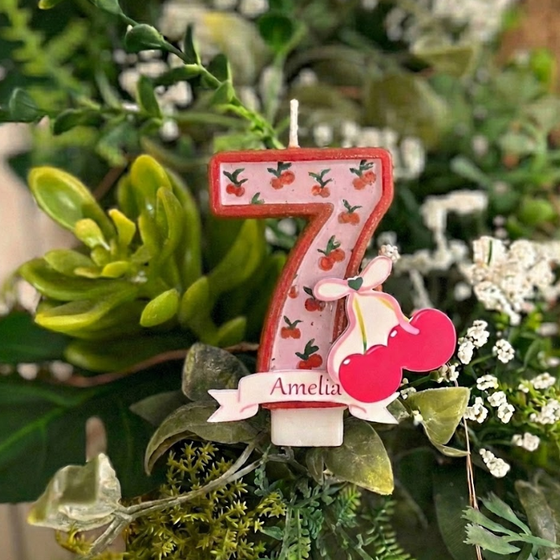 Cherry Bow Number Birthday Candle with Custom Name
