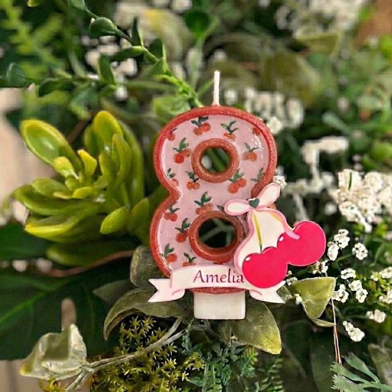 Cherry Bow Number Birthday Candle with Custom Name