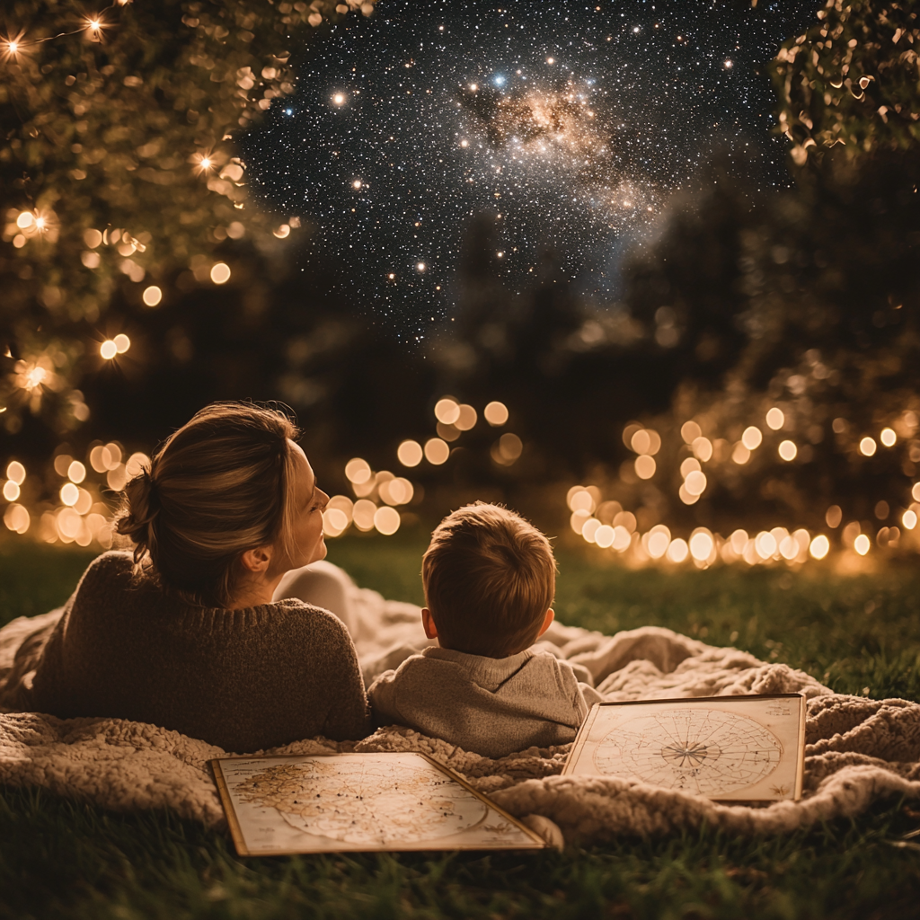 Starlit Reflections: A Mother And Child Stargazing Night Paint By Diamond