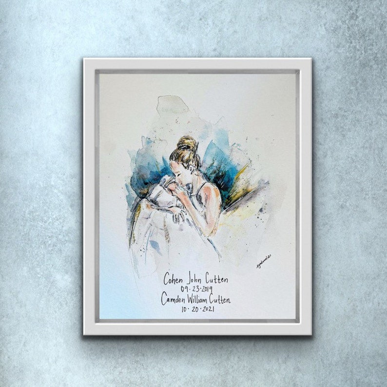 Personalized Mom And Baby Watercolor Print For Valentines Day