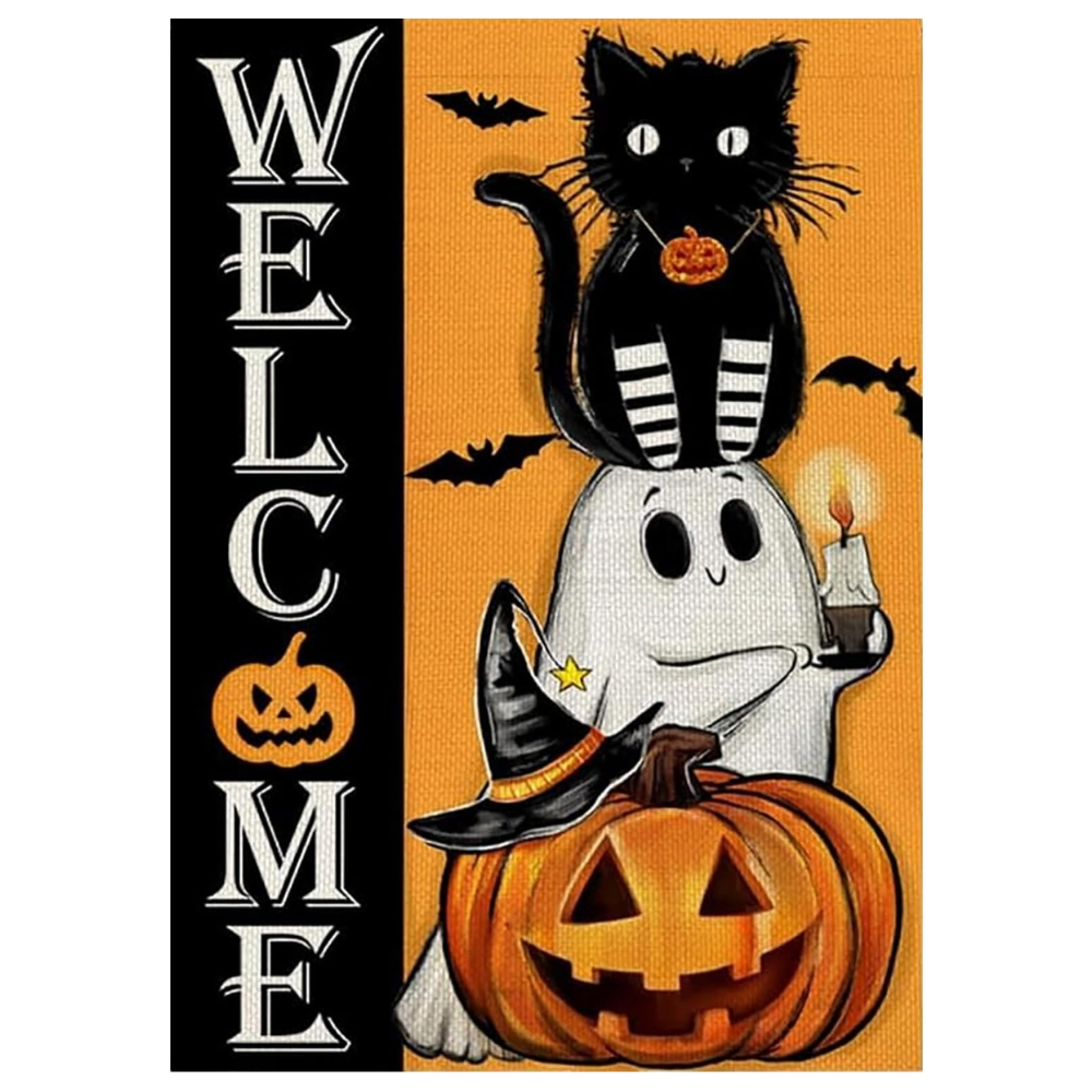Welcome Halloween Cat And Pumpkin Paint By Diamond Kit