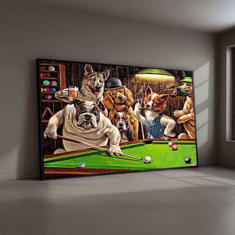 Dogs Playing Pool Humorous Artwork Funny Bar Scene Canvas Painting