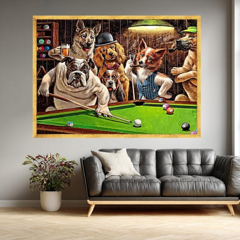 Dogs Playing Pool Humorous Artwork Funny Bar Scene Canvas Painting