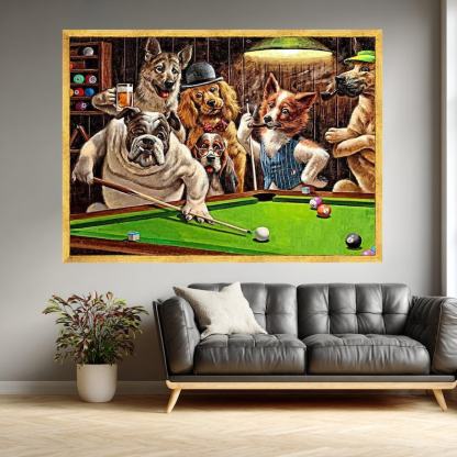 Dogs Playing Pool Humorous Artwork Funny Bar Scene Canvas Painting
