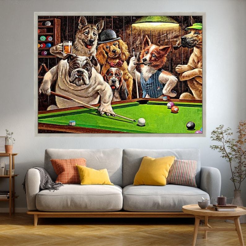 Dogs Playing Pool Humorous Artwork Funny Bar Scene Canvas Painting
