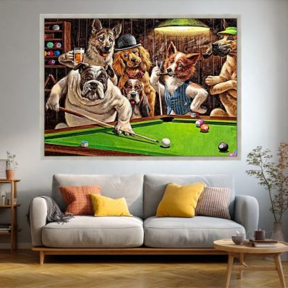 Dogs Playing Pool Humorous Artwork Funny Bar Scene Canvas Painting