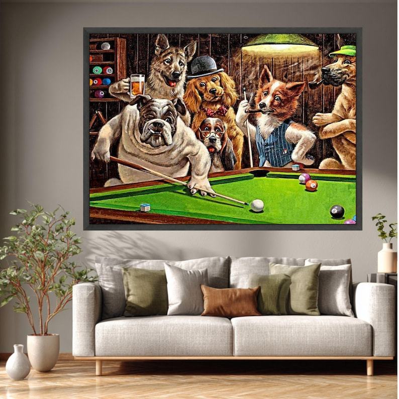 Dogs Playing Pool Humorous Artwork Funny Bar Scene Canvas Painting