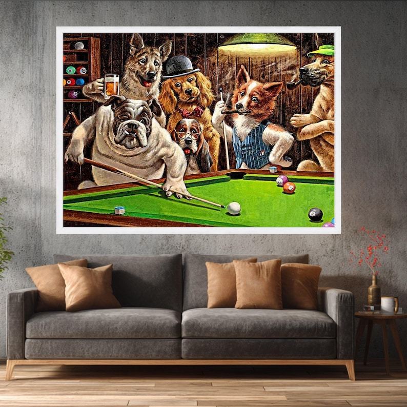 Dogs Playing Pool Humorous Artwork Funny Bar Scene Canvas Painting