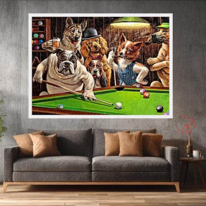 Dogs Playing Pool Humorous Artwork Funny Bar Scene Canvas Painting