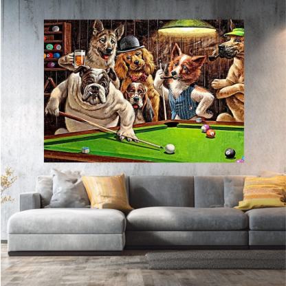 Dogs Playing Pool Humorous Artwork Funny Bar Scene Canvas Painting