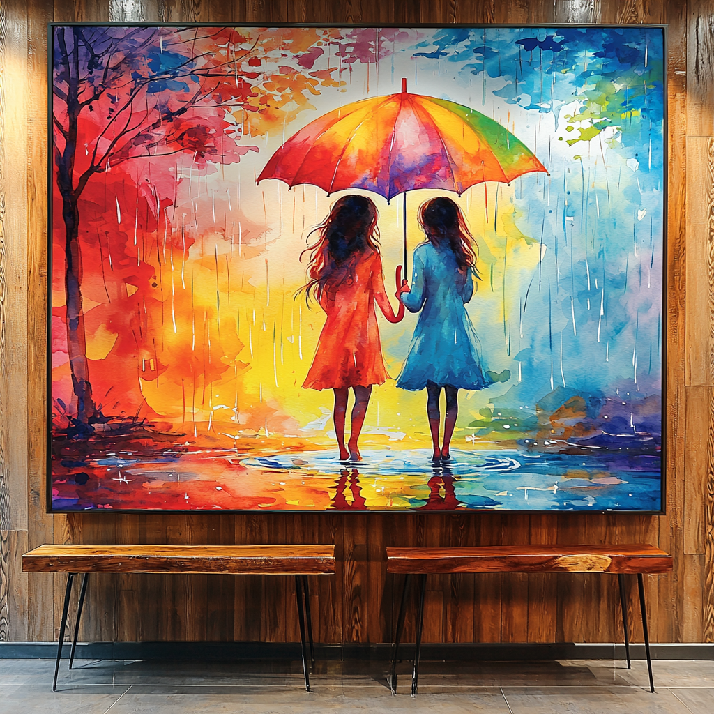 Reflections In The Rain: Mother-Daughter Umbrella Mural Painting Diamond Kit