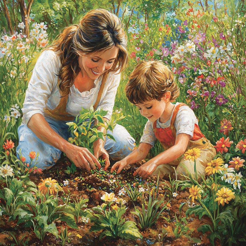 Petal Embrace: A Day Of Gardening Together Paint By Diamond