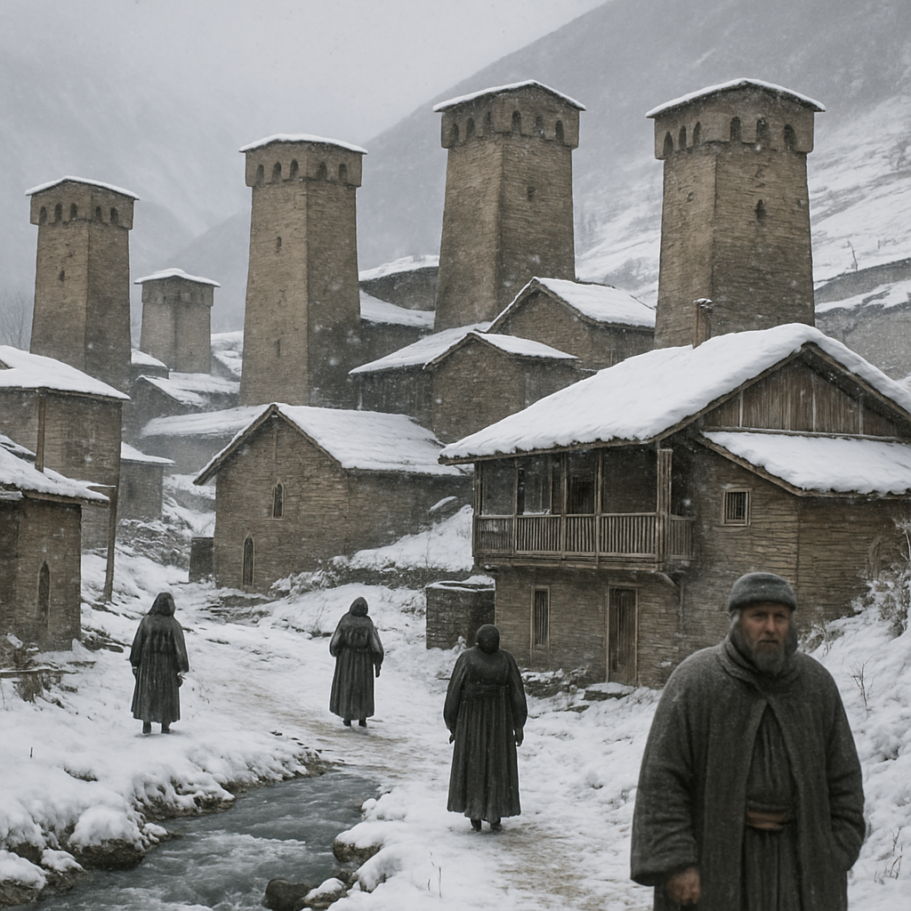Svaneti Tower Village Snowfall diamonded painting kits
