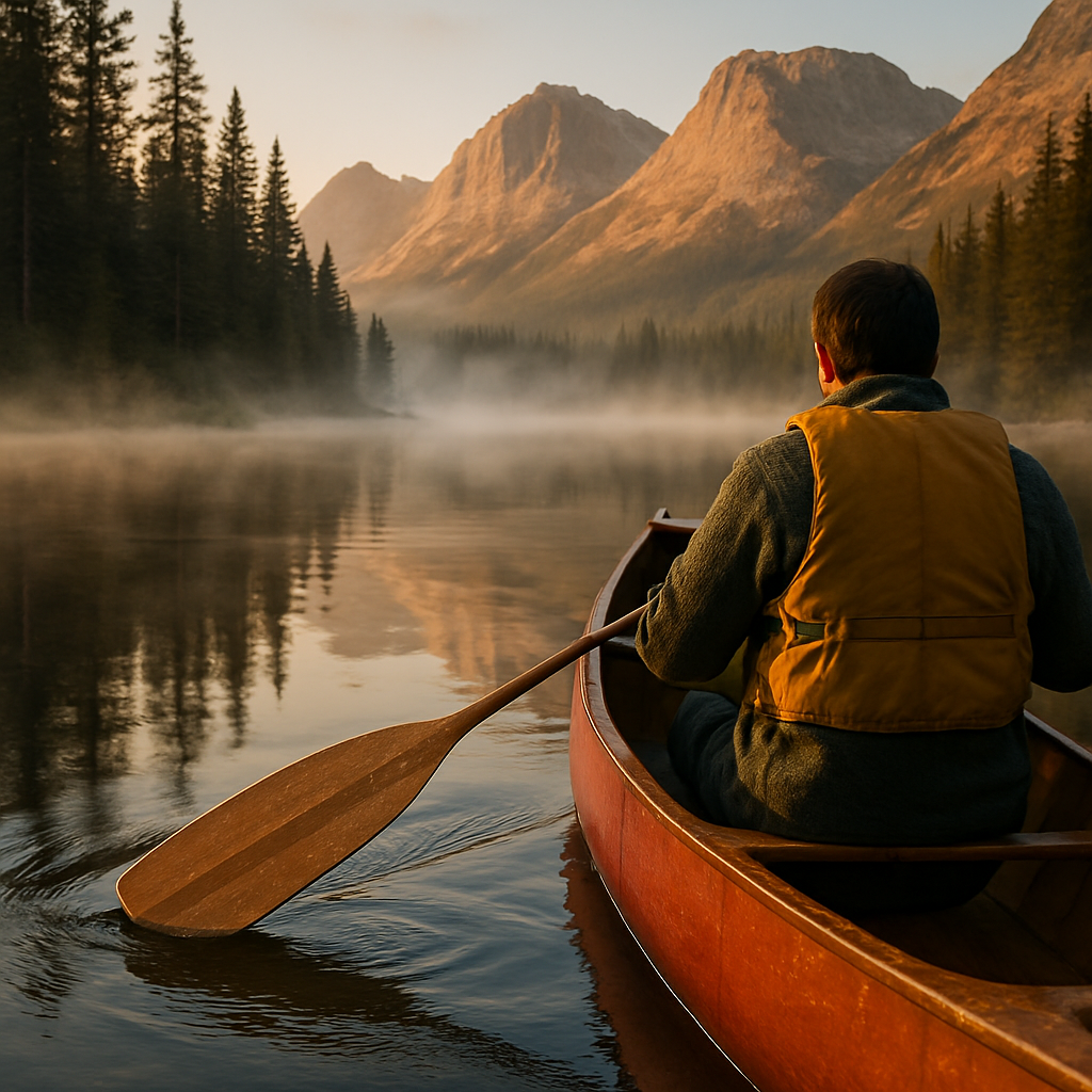 Alpine Lake Canoe Sunrise painting diamond kit