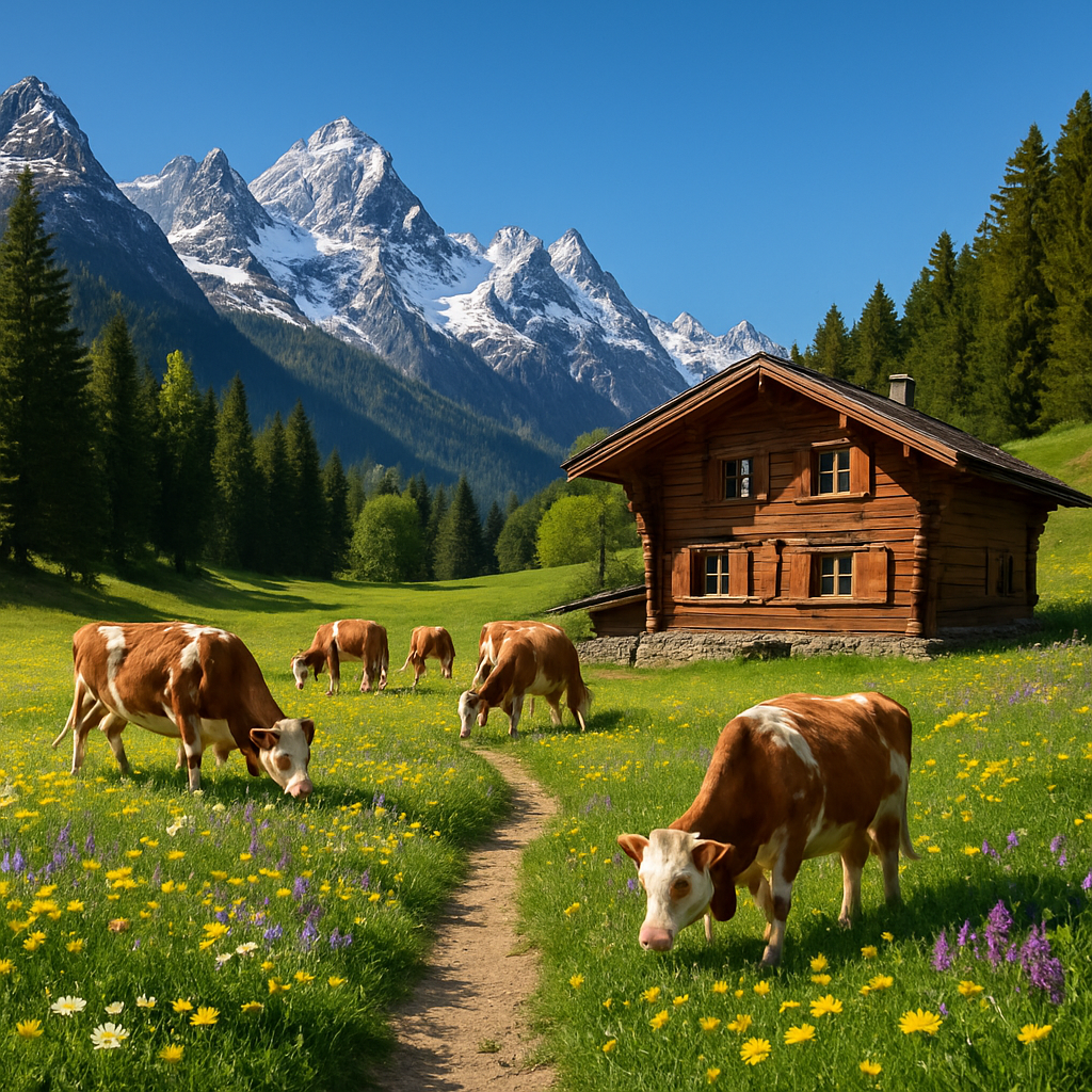 Swiss Alps Chalet In Spring Meadow paint by diamond