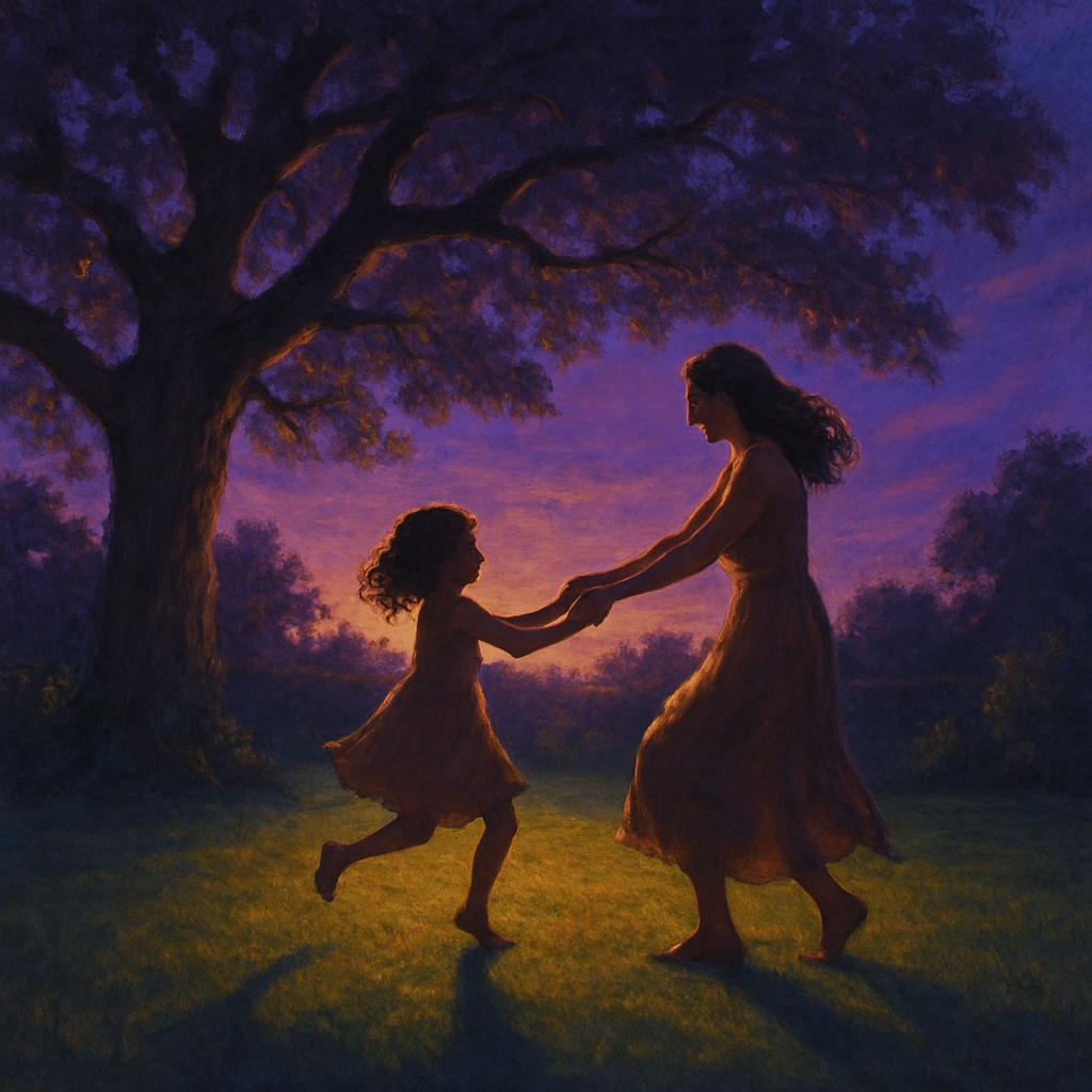 Dancing Shadows: Mother And Child In Twilight Play diamond painting