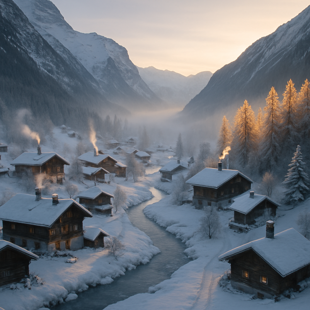 Winter Dawn Over Swiss Alps Village paint by color