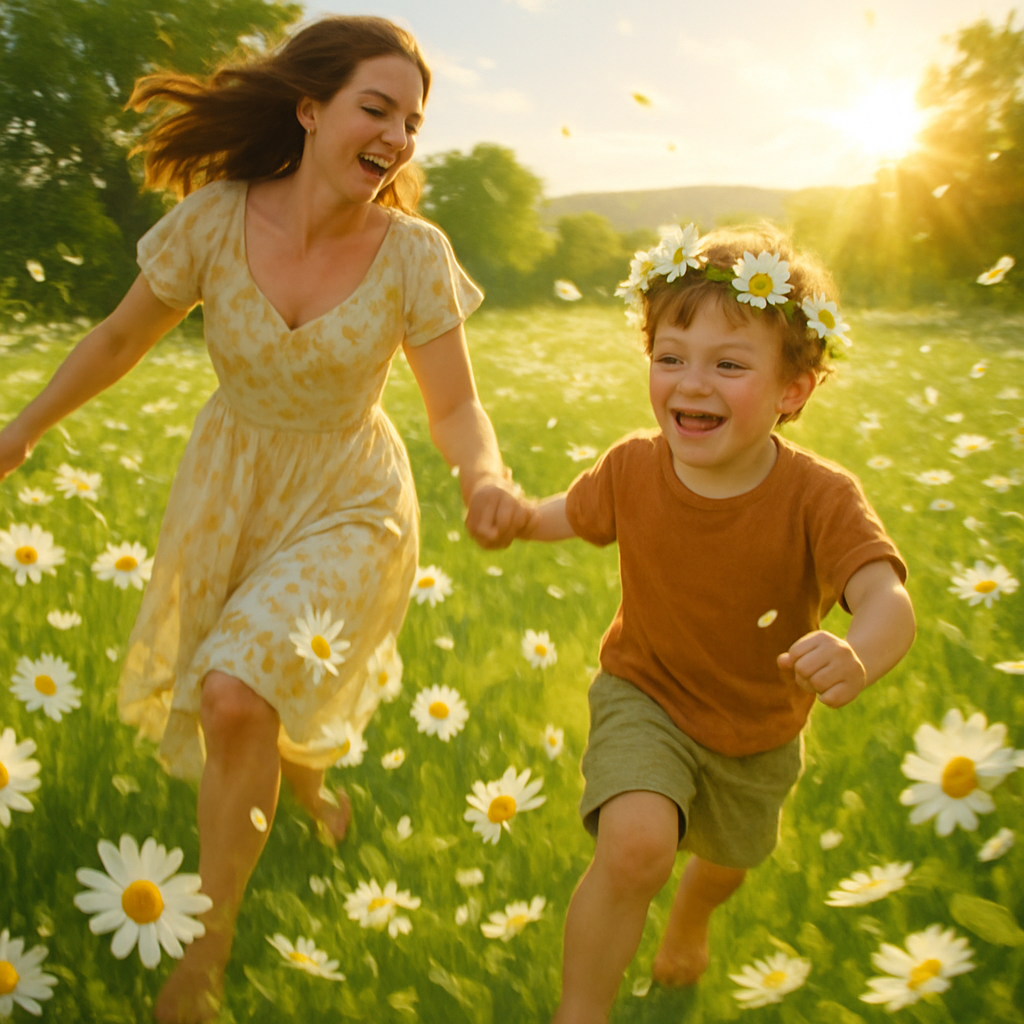 Joy In Bloom Mother And Son Sharing Laughter Among Daisies paint by diamonds