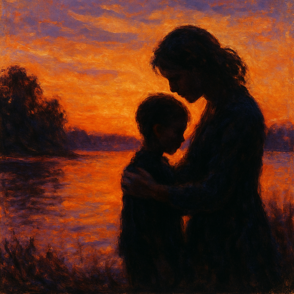 Sunset Silhouettes: A Mothers Quiet Embrace paint by color